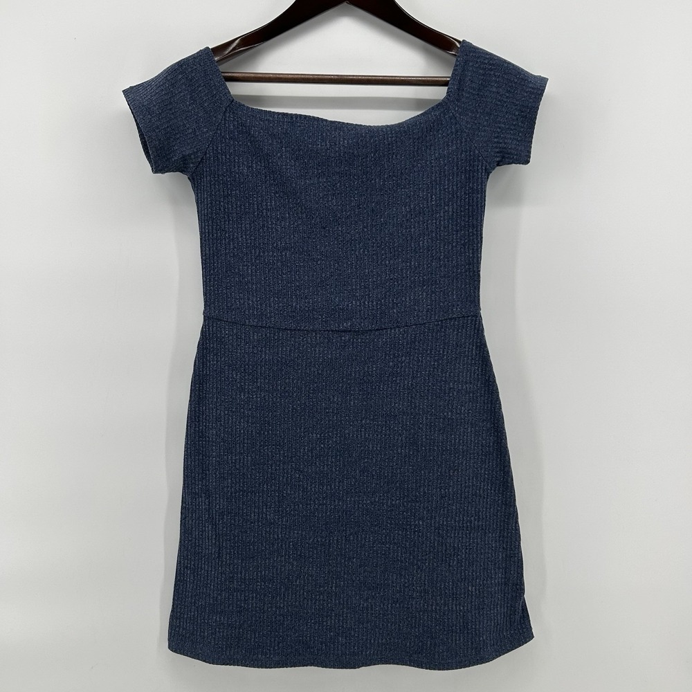 Obey Worldwide Womens L Off Shoulder Ribbed Knit Mini Dress Blue Y2K 90s Revival
